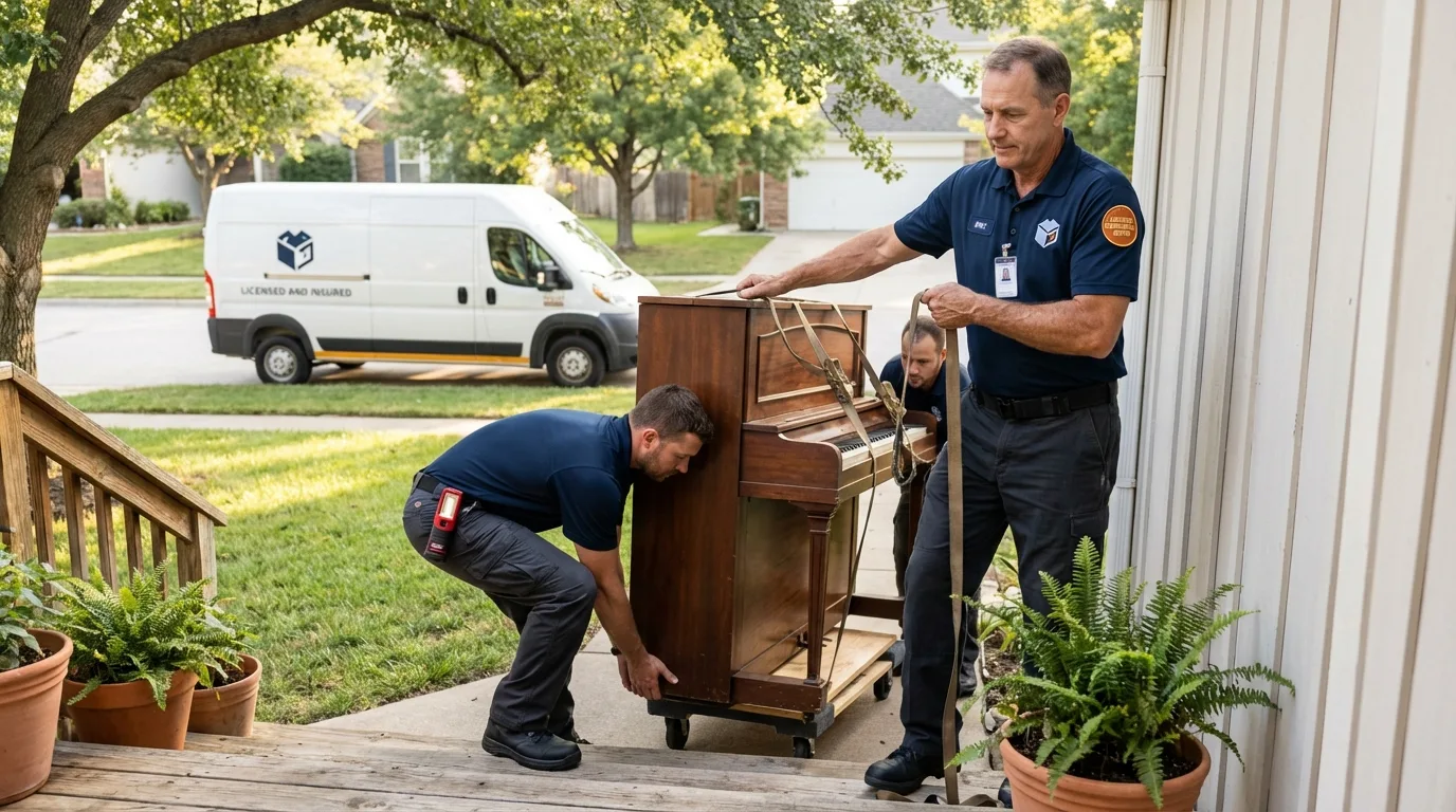 Licensed piano movers securing grand piano in Harrisville, NH