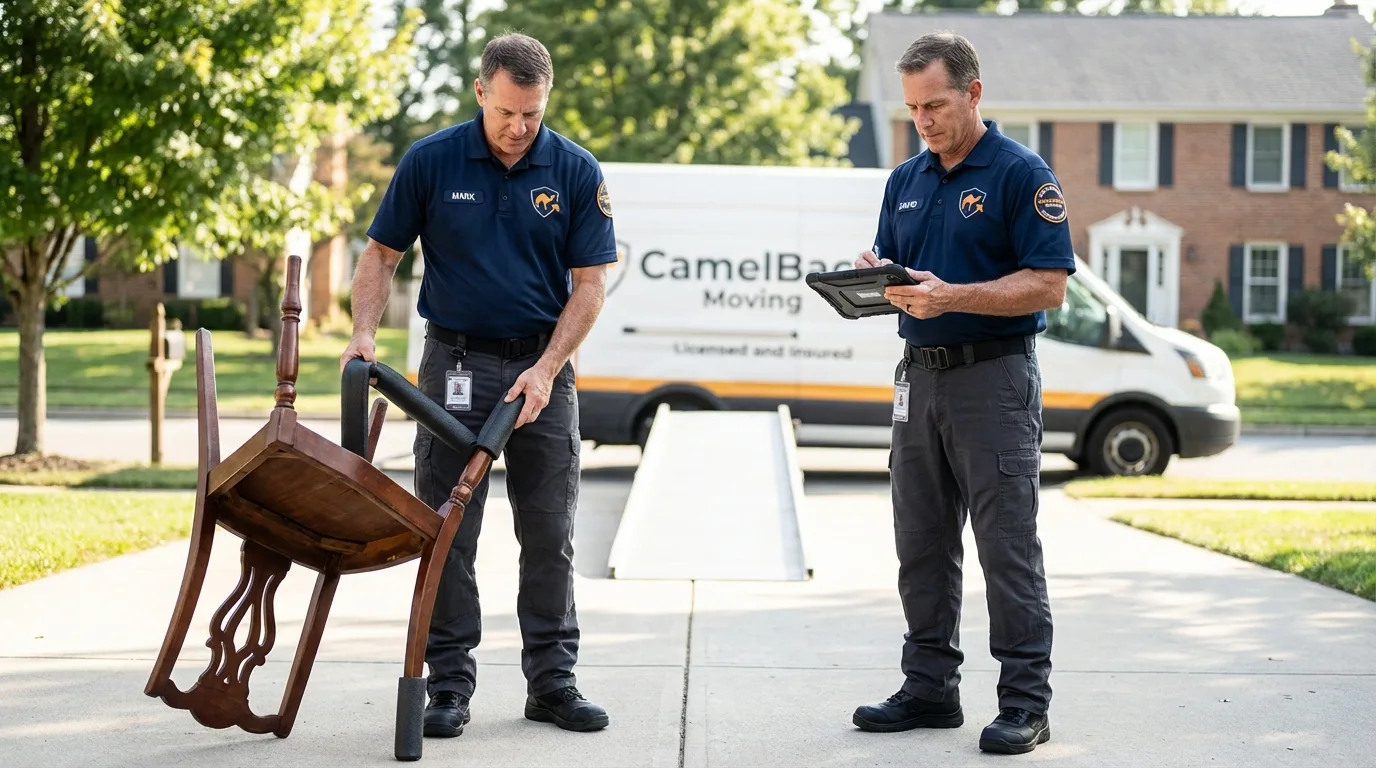 Movers inspecting furniture for damage prevention before loading in Harrisville, NH
