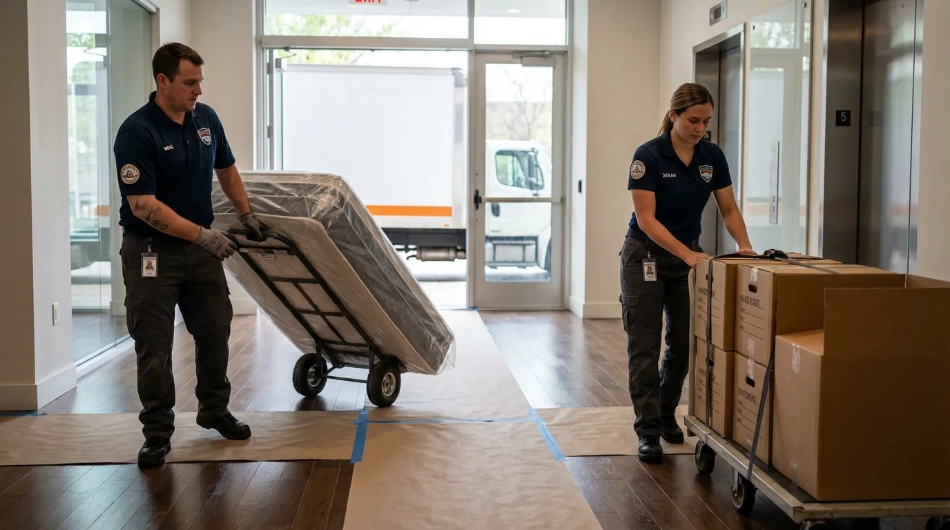 Professional apartment movers loading elevator in Harrisville, NH