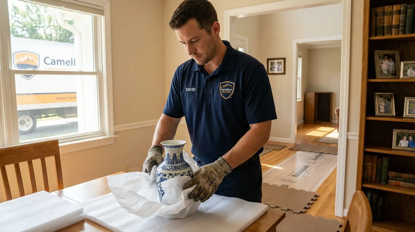 Professional crew carefully wrapping antique vase for senior downsizing move in Harrisville, NH