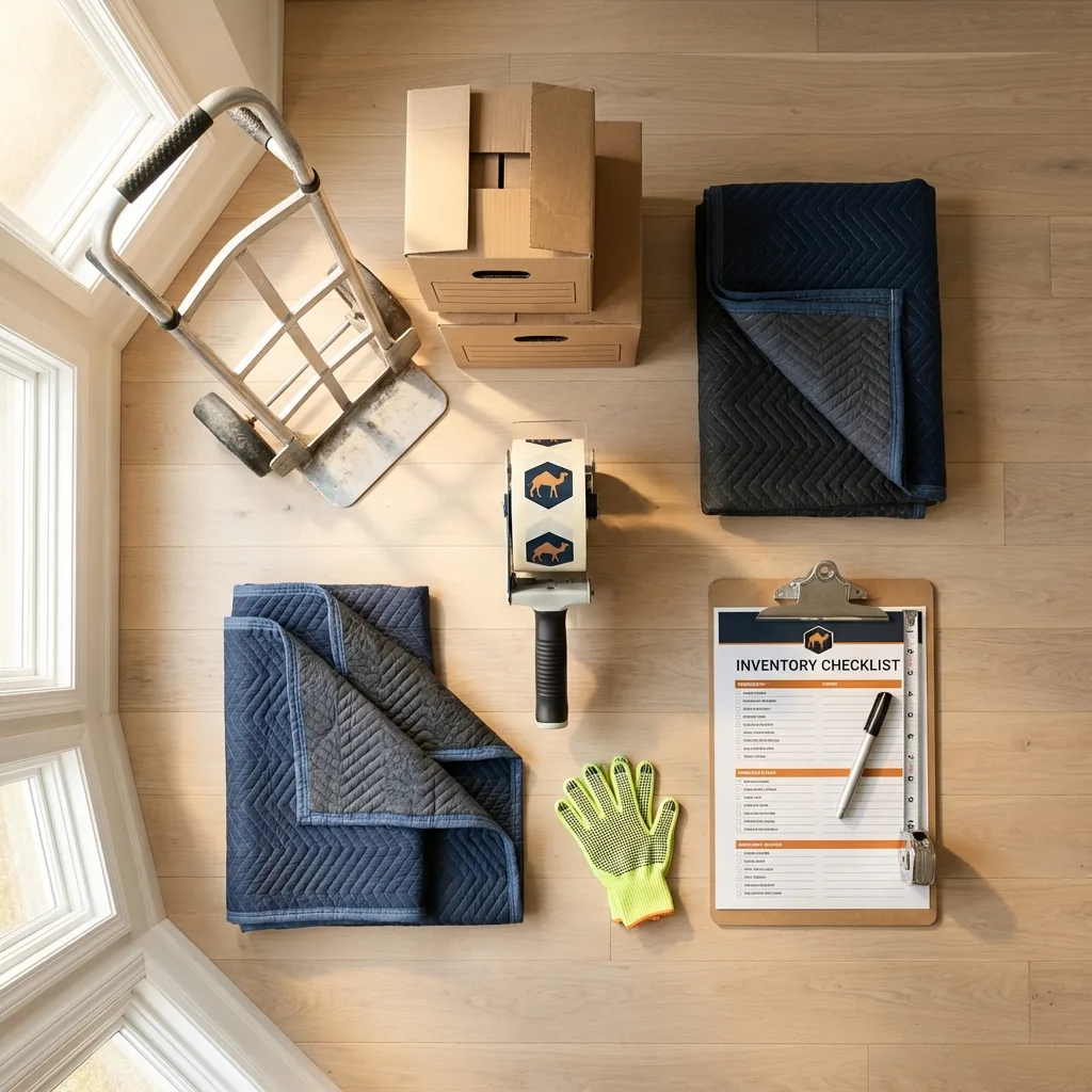 Professional moving supplies and packing materials layout for Harrisville residential relocations